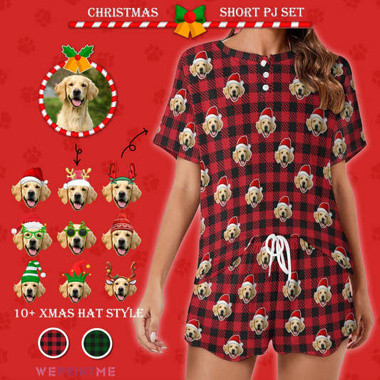 WePrintMeWomen Short Sleeve PajamasCustom Pet Face Pajamas Santa Red Plaid Women's Short Pajama Set