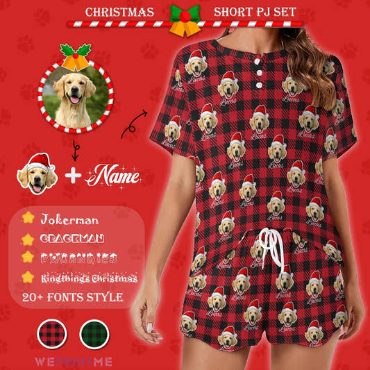 WePrintMeWomen Short Sleeve PajamasCustom Pet Face&Name Pajamas Santa Red Plaid Women's Short Pajama Set