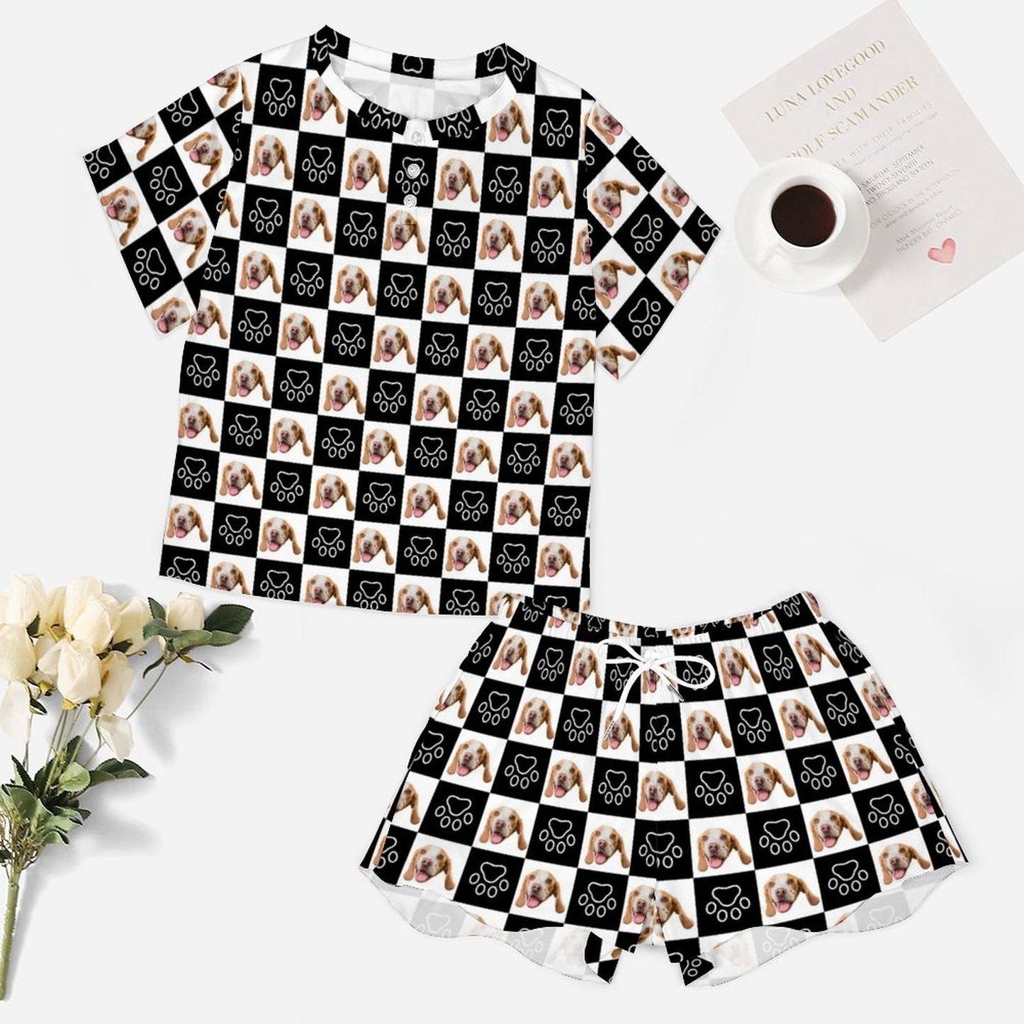 WEPRINTMEWomen Short Sleeve PajamasPersonalized Pet Pajamas Black and White Women's Short Sleeve Pajama Set