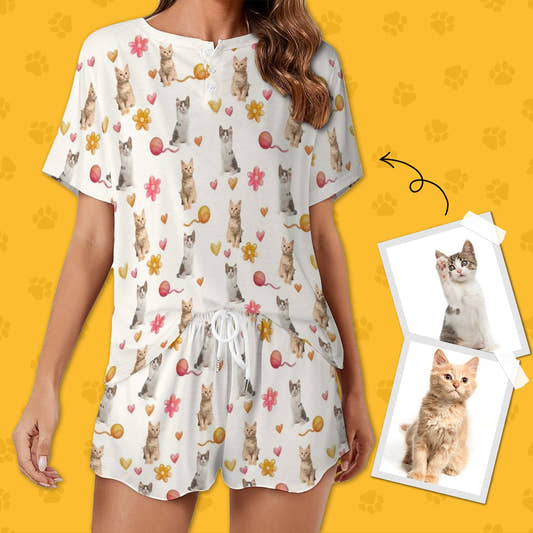 WePrintMeWomen Short Sleeve PajamasPersonalized Pet Pajamas Play With Wool Ball Women's Short Sleeve Pajama Set
