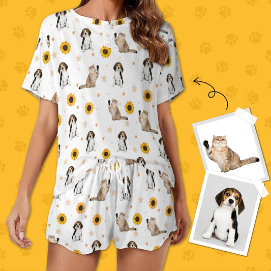 WePrintMeWomen Short Sleeve PajamasPersonalized Pet Pajamas Sun Flower Women's Short Sleeve Pajama Set