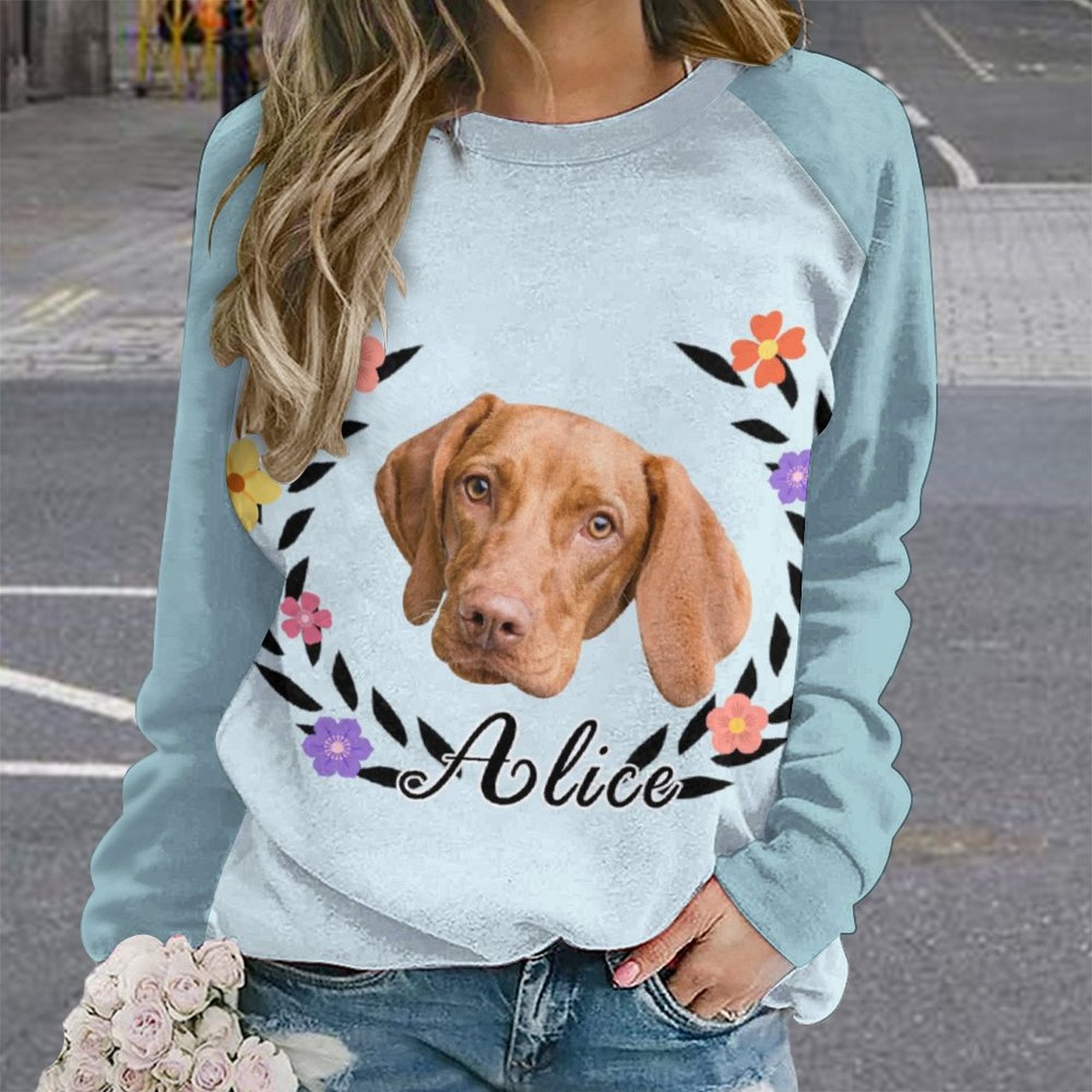 WEPRINTMEWomen's SweatshirtCustom Pet Face and Name Wreath Women's Sweatshirt