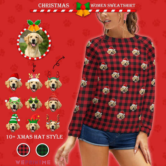 WePrintMeWomen's SweatshirtCustom Pet Face Pajamas Santa Red Plaid Women's Sweatshirt