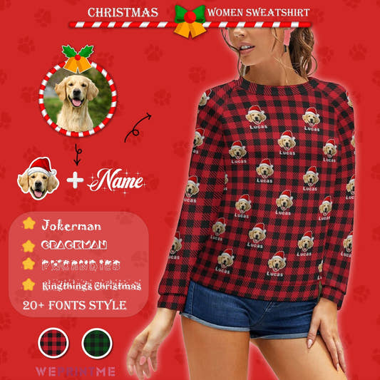 WePrintMeWomen's SweatshirtCustom Pet Face&Name Santa Red Plaid Women's Sweatshirt
