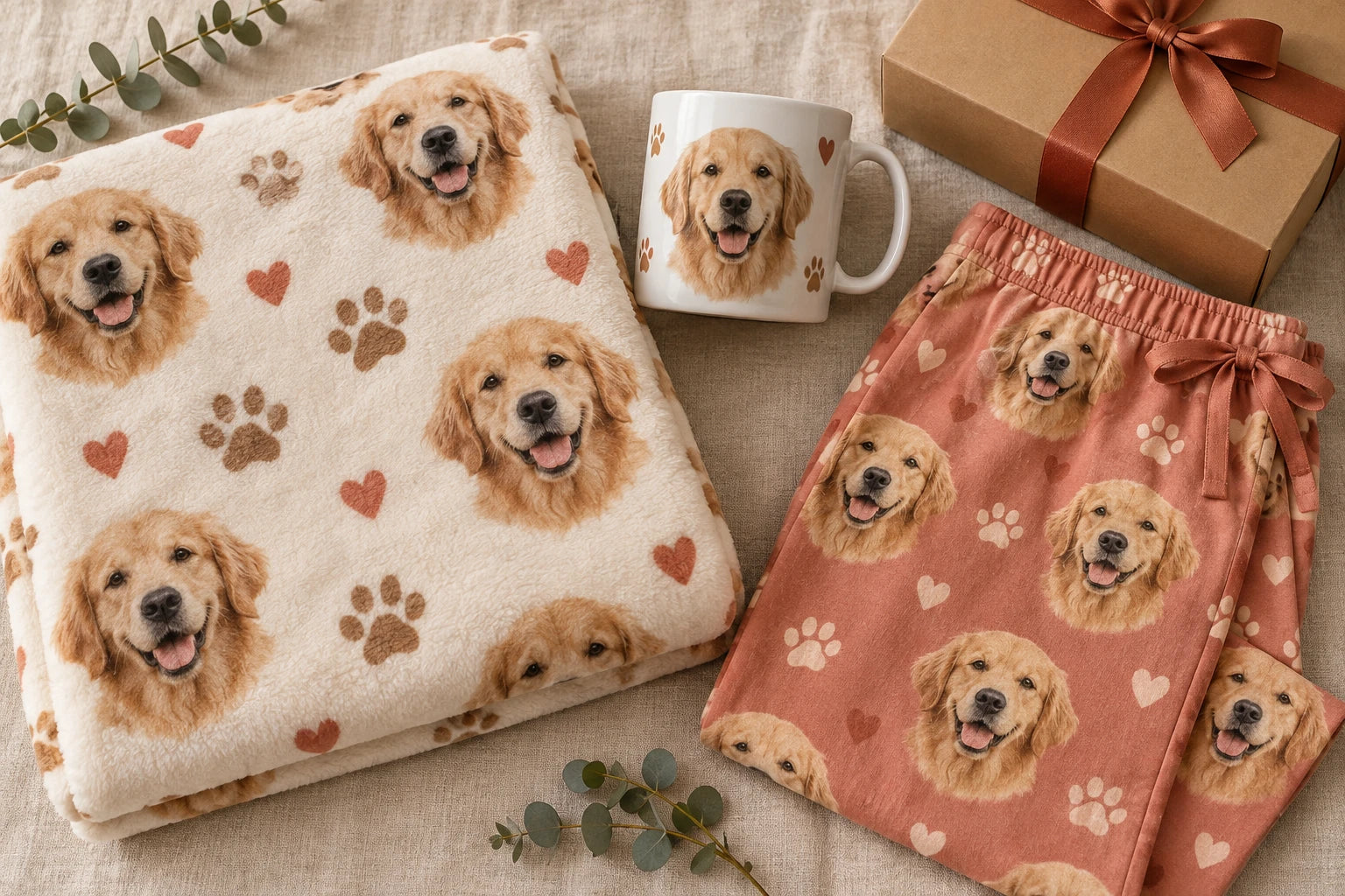 Styled pet-photo blanket, mug and pajamas with a gift box