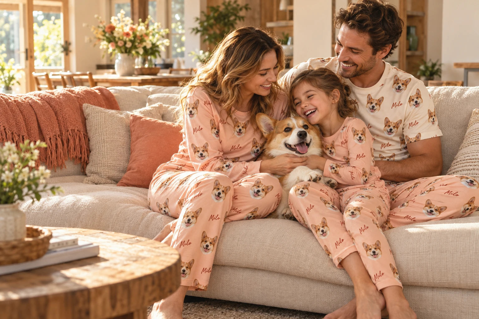 Family and corgi sharing a warm moment in coordinating pet-photo pajamas