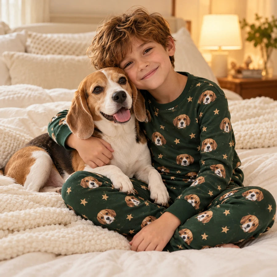 Child and beagle in a cozy bedroom, styling inspiration