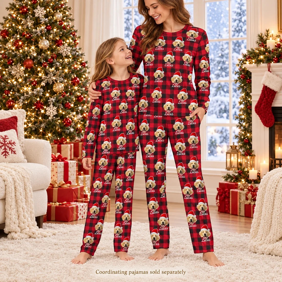 Mother and child in red plaid pet-photo pajamas in a warm Christmas living room